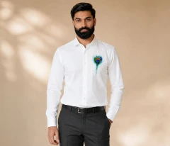 Pure White Hand-Painted Peacock Feather Shirt for Perfect Mens Collection
